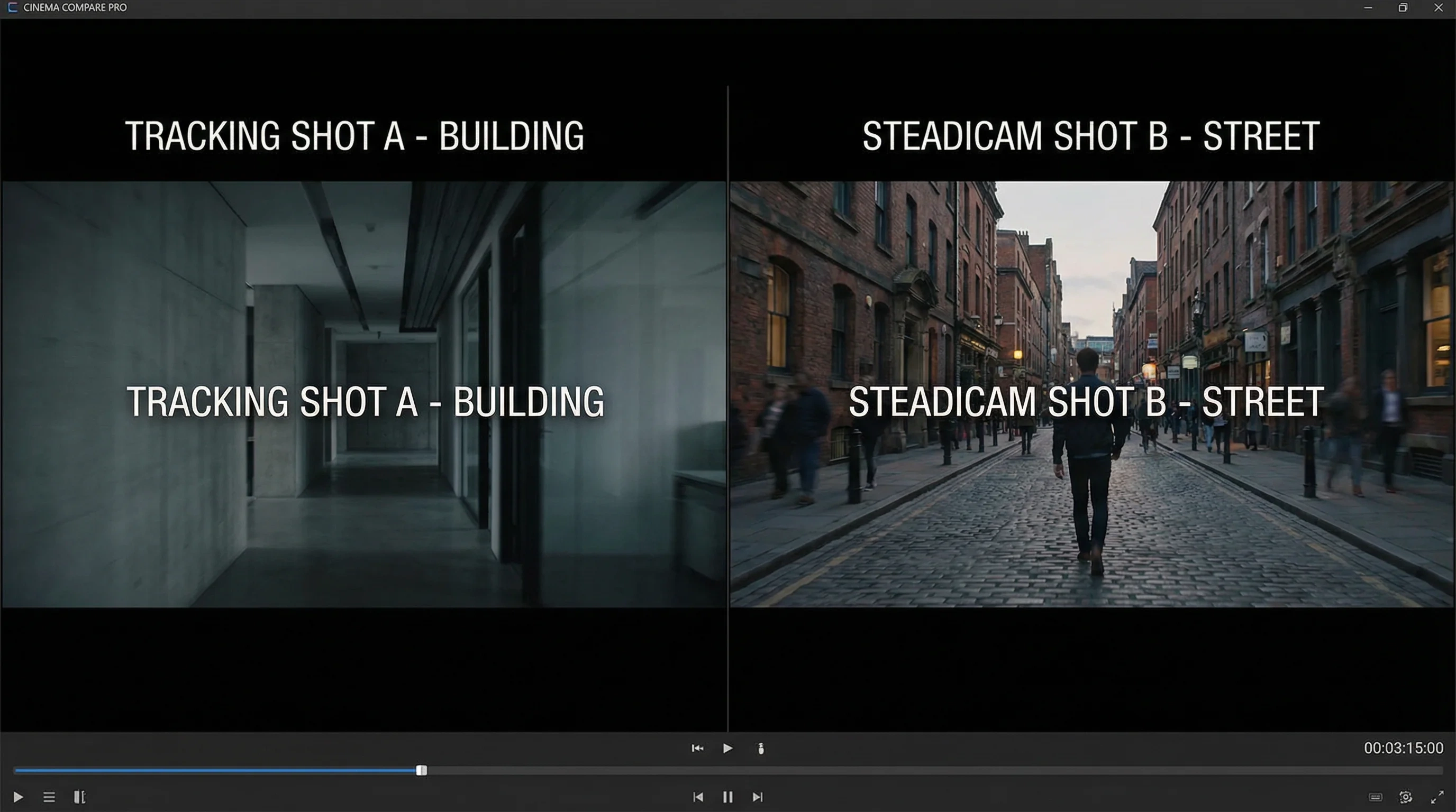 分屏对比功能演示 - 左侧跟踪镜头与右侧斯坦尼康镜头对比